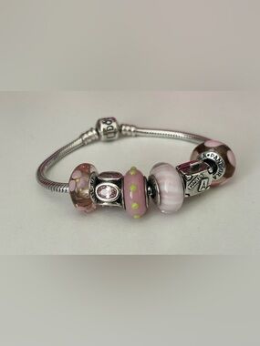 6 Authentic Premium Pandora Sterling Silver and Pink Charm Set
